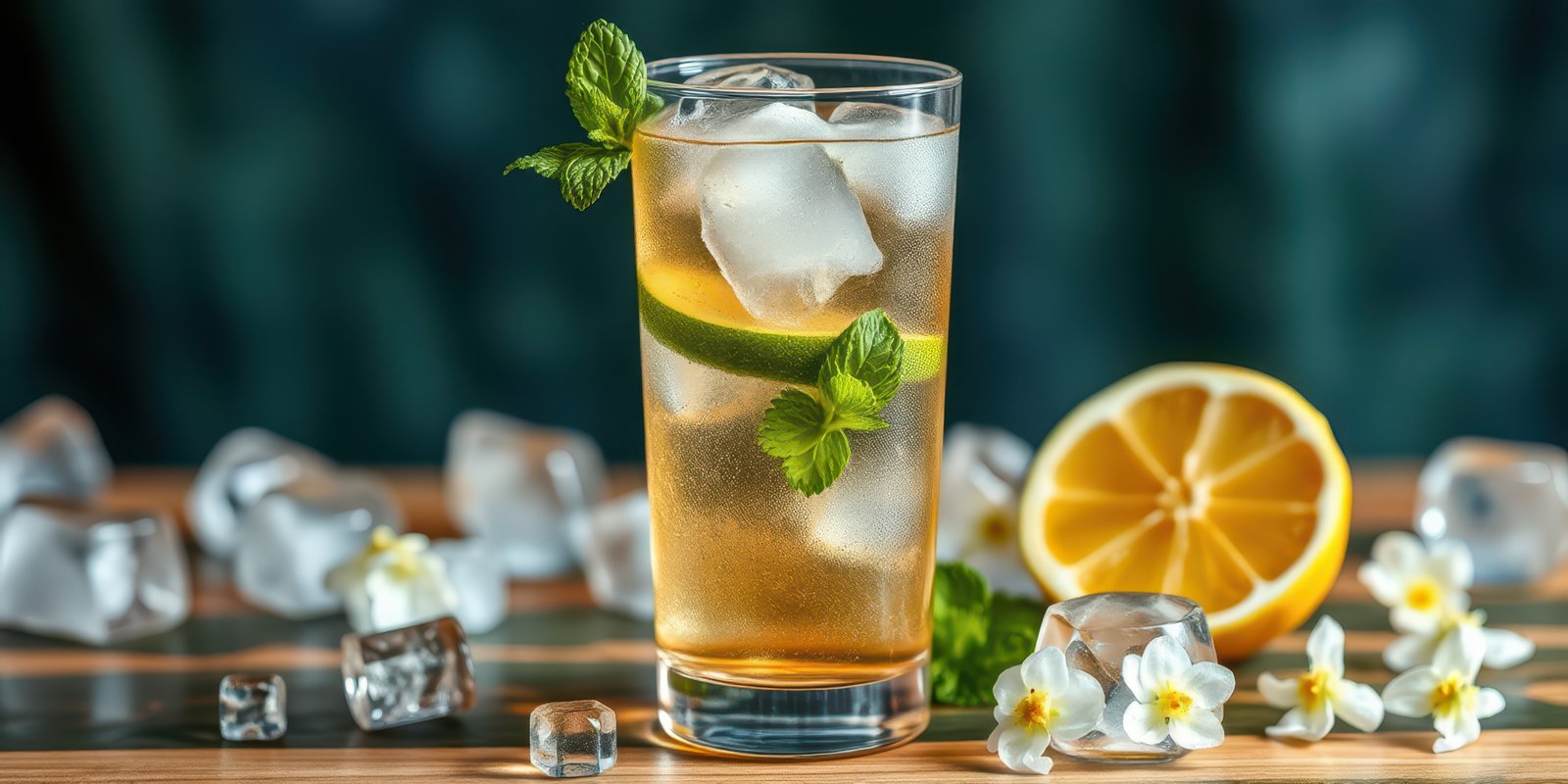 Refreshing beverage with citrus and mint on wooden table surrounded by ice cubes and flowers